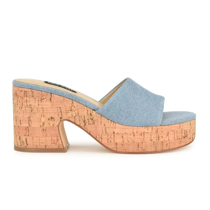 Boone Platform Slide Sandals Denim Women Nine West Mid Heels