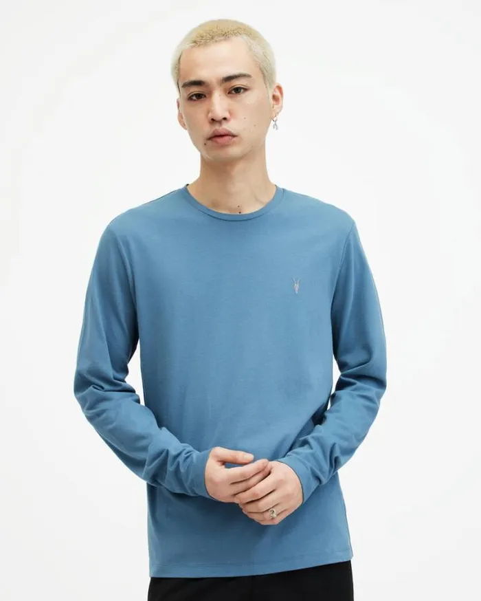 Brace Brushed Cotton Long Sleeve TShirt Sur Blue Men AllSaints TShirts