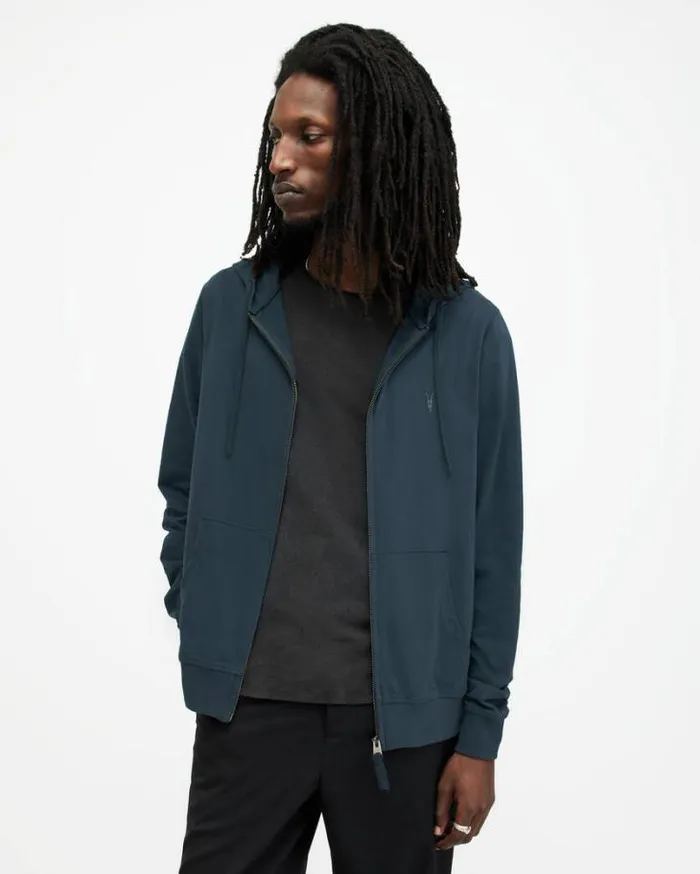 Brace Zip Up Brushed Cotton Hoodie Marine Blue Men AllSaints Sweatshirts and Hoodies
