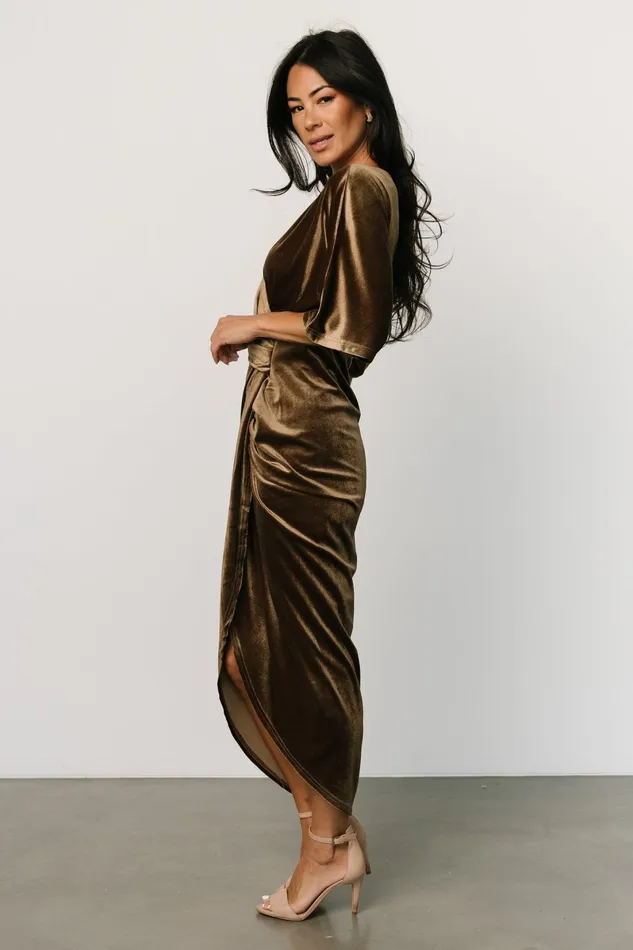 Brendyn Ruched Velvet Dress Brushed Bronze Women Baltic Born Midi Dresses Brendyn Ruched Velvet Dress Brushed Bronze Women Baltic Born Midi Dresses