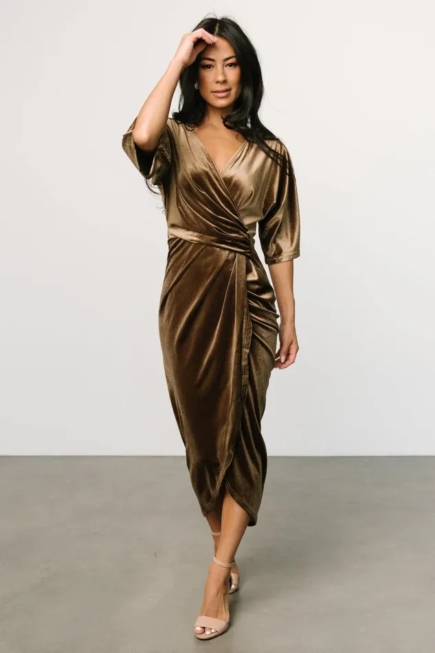 Brendyn Ruched Velvet Dress Brushed Bronze Women Baltic Born Midi Dresses Brendyn Ruched Velvet Dress Brushed Bronze Women Baltic Born Midi Dresses