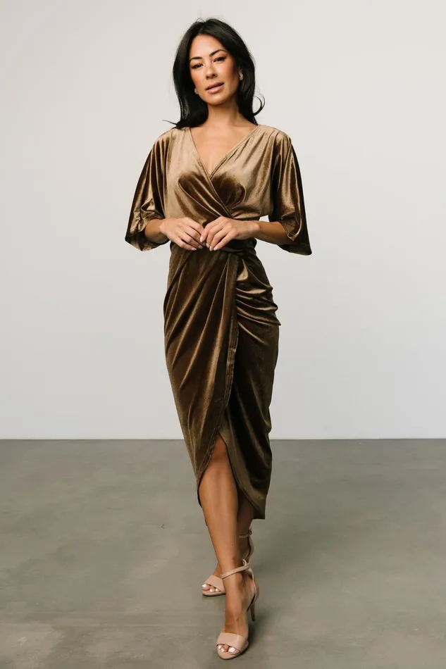Brendyn Ruched Velvet Dress Brushed Bronze Women Baltic Born Midi Dresses Brendyn Ruched Velvet Dress Brushed Bronze Women Baltic Born Midi Dresses