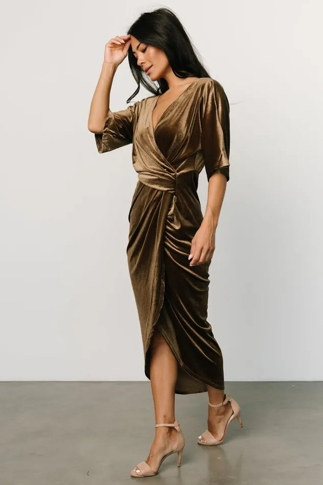 Brendyn Ruched Velvet Dress Brushed Bronze Women Baltic Born Midi Dresses Brendyn Ruched Velvet Dress Brushed Bronze Women Baltic Born Midi Dresses