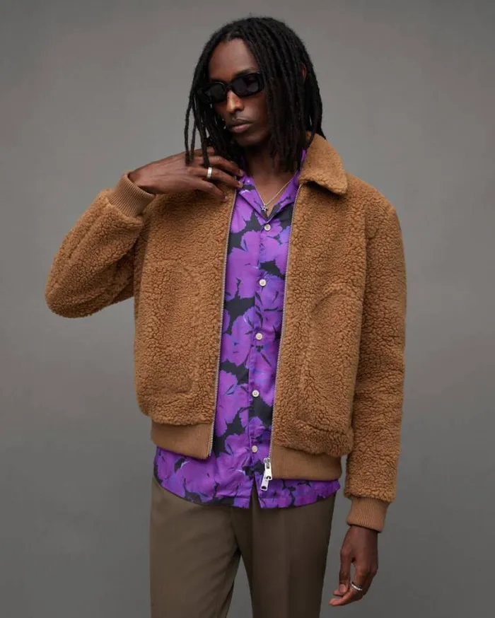 Buzz Teddy Textured Bomber Jacket Brown Men AllSaints Jackets and Coats