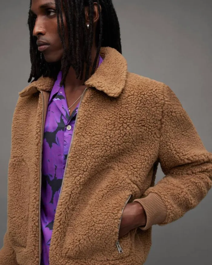 Buzz Teddy Textured Bomber Jacket Brown Men AllSaints Jackets and Coats