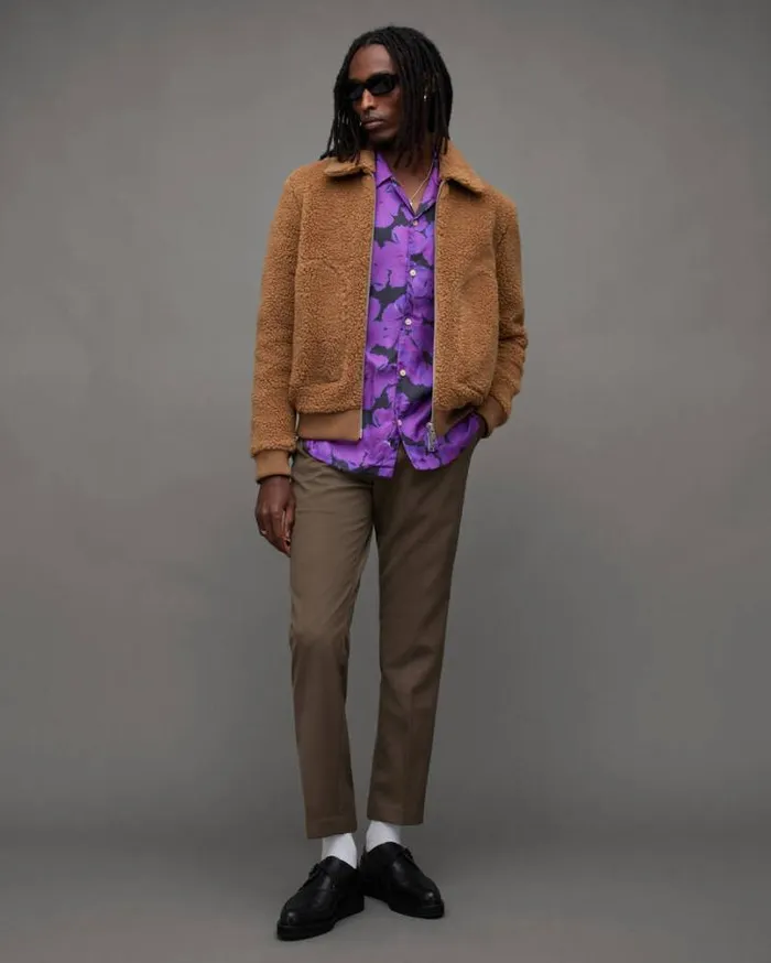 Buzz Teddy Textured Bomber Jacket Brown Men AllSaints Jackets and Coats