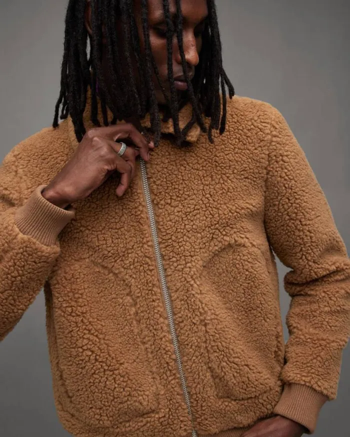 Buzz Teddy Textured Bomber Jacket Brown Men AllSaints Jackets and Coats