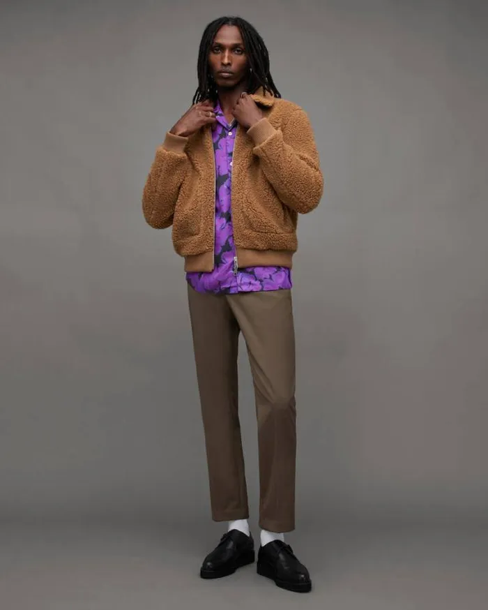 Buzz Teddy Textured Bomber Jacket Brown Men AllSaints Jackets and Coats