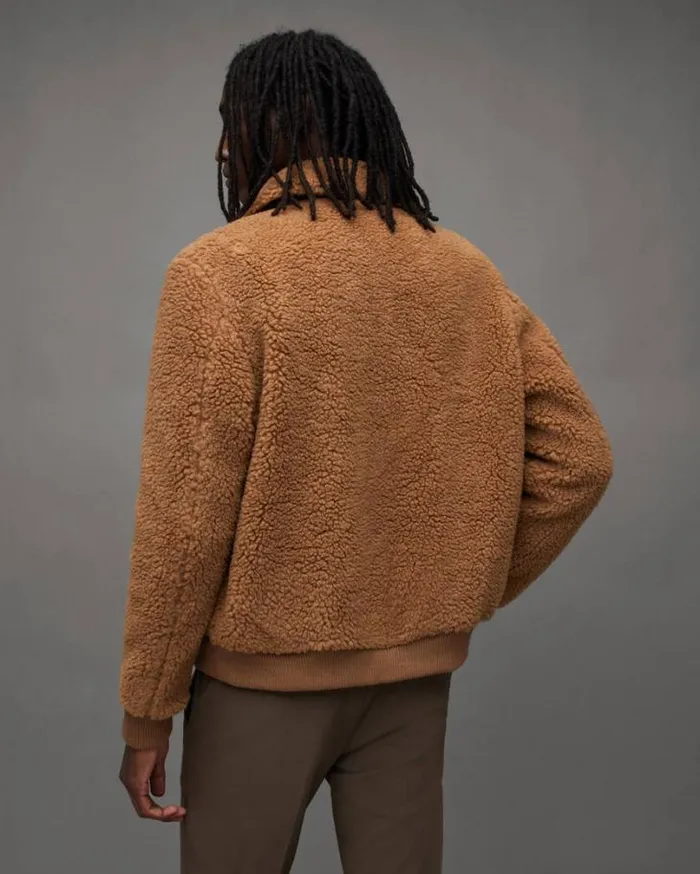 Buzz Teddy Textured Bomber Jacket Brown Men AllSaints Jackets and Coats