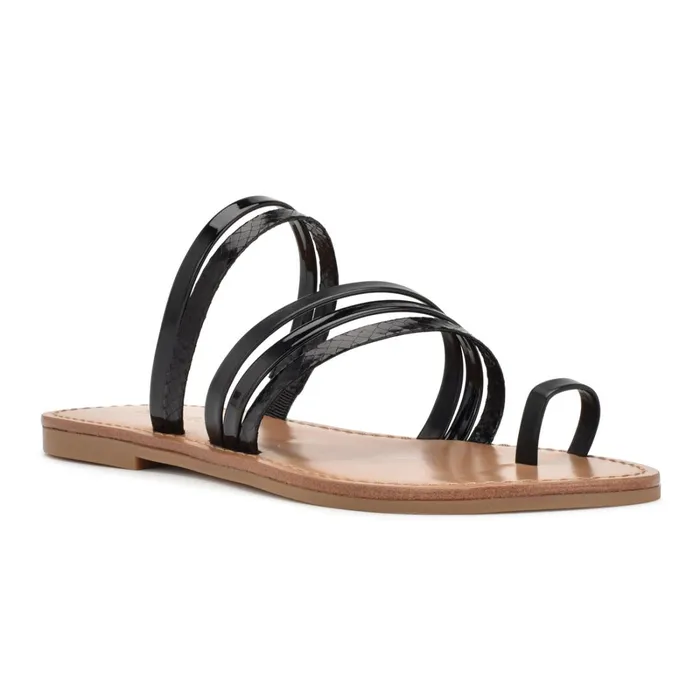 Cins Toe Ring Flat Strappy Slide Sandals Black Women Nine West Flats