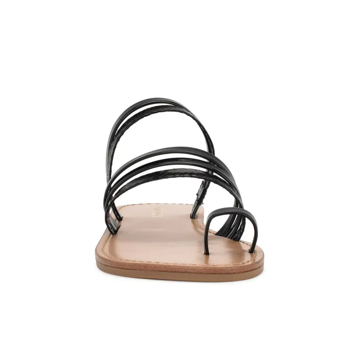 Cins Toe Ring Flat Strappy Slide Sandals Black Women Nine West Flats
