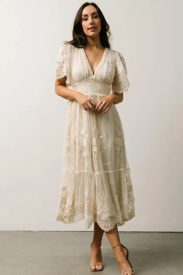 Clarisa Lace Midi Dress Vintage Cream Women Baltic Born Bridal