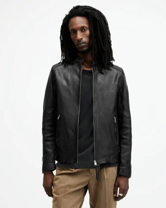 Cora Leather Snap Collar Jacket Jet Black Men AllSaints Jackets and Coats