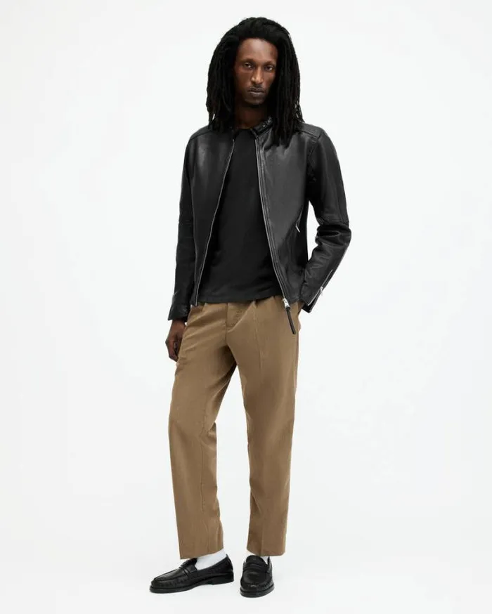 Cora Leather Snap Collar Jacket Jet Black Men AllSaints Jackets and Coats