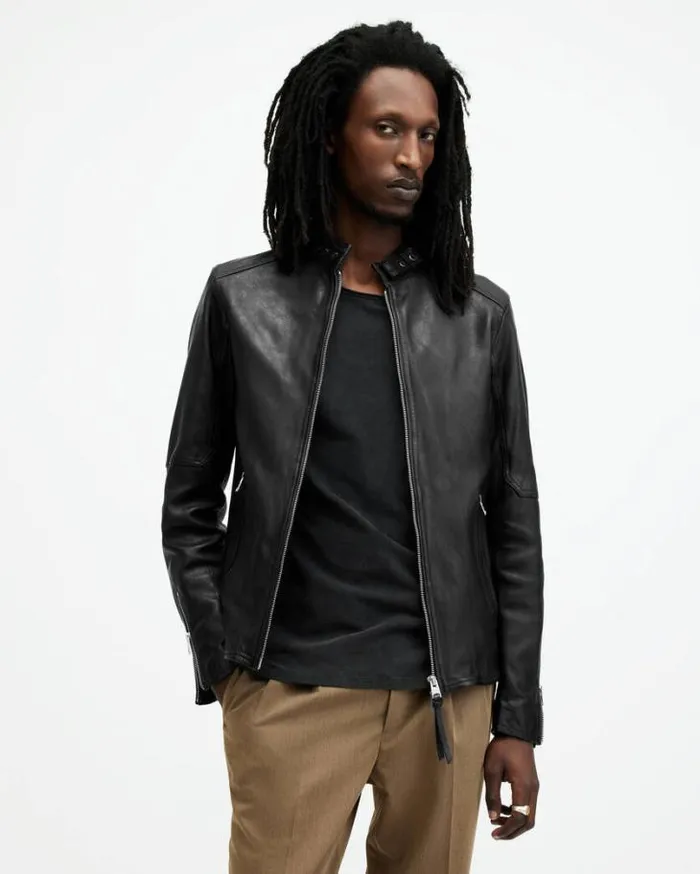 Cora Leather Snap Collar Jacket Jet Black Men AllSaints Jackets and Coats