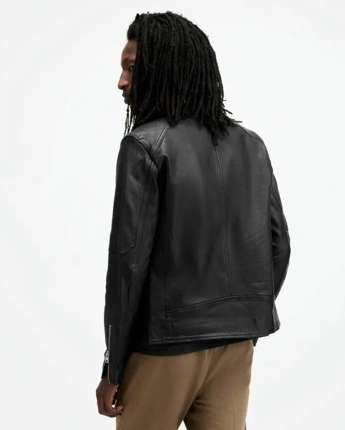 Cora Leather Snap Collar Jacket Jet Black Men AllSaints Jackets and Coats