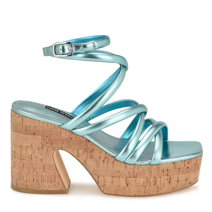 Corke Platform Wedge Strappy Sandals Light Blue Women Nine West Mid Heels