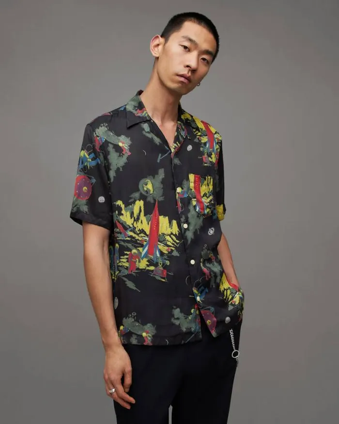 Cosmonaut Retro Print Relaxed Fit Shirt Jet Black Men AllSaints Shirts