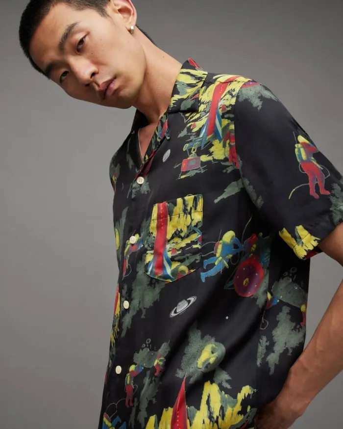 Cosmonaut Retro Print Relaxed Fit Shirt Jet Black Men AllSaints Shirts