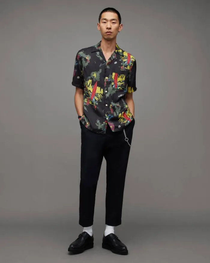 Cosmonaut Retro Print Relaxed Fit Shirt Jet Black Men AllSaints Shirts