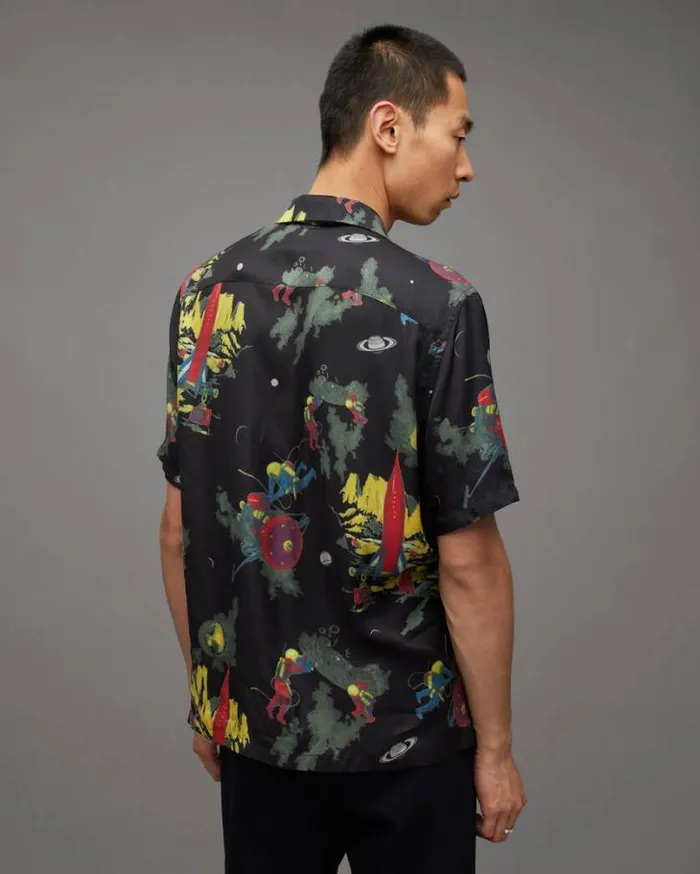 Cosmonaut Retro Print Relaxed Fit Shirt Jet Black Men AllSaints Shirts