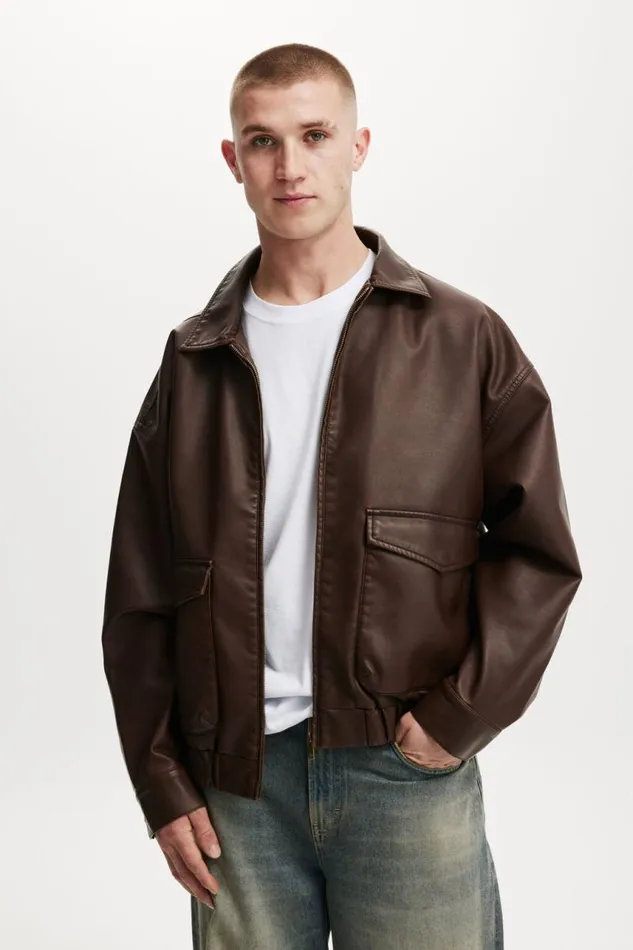 Cotton On Jackets Faux Leather Bomber Old Couch Brown 8211 Men