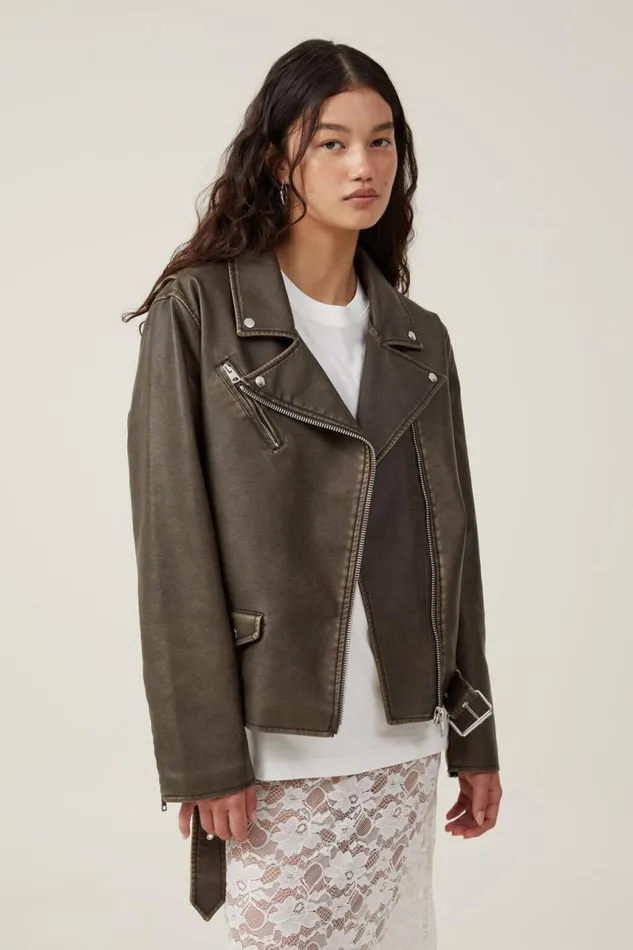 Cotton On Jackets Roman Faux Leather Biker Jacket Washed Brown 8211 Women