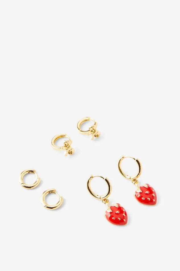 Cotton On Jewelry 3Pk Mid Earring Gold Plated Red Enamel Strawberry 8211 Women