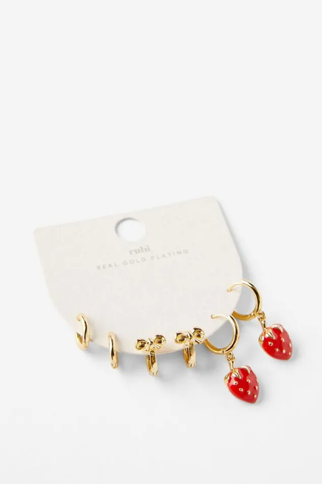 Cotton On Jewelry 3Pk Mid Earring Gold Plated Red Enamel Strawberry 8211 Women