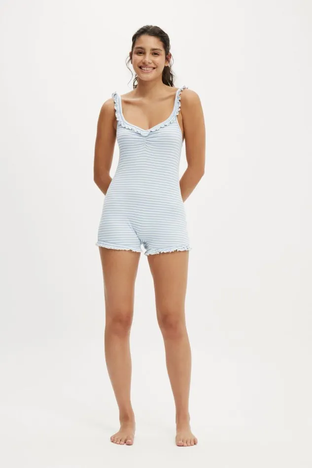 Cotton On Pajamas Rib Ruffle Boyleg Romper Infinity Blue Louise Stripe 8211 Women
