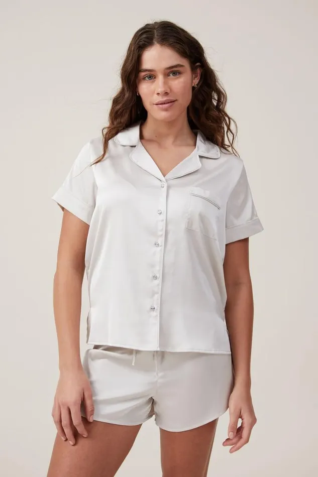 Cotton On Pajamas Staycay Satin Sleep Set Oysterdiamante Button 8211 Women