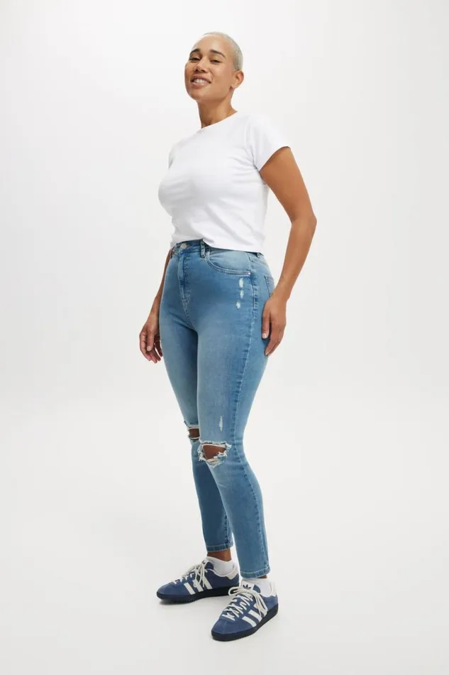 Cotton On Pants Curvy High Stretch Skinny Jean Bells Blue Rip 8211 Women