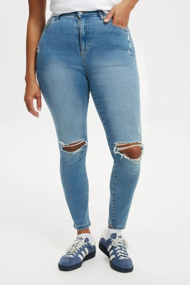 Cotton On Pants Curvy High Stretch Skinny Jean Bells Blue Rip 8211 Women
