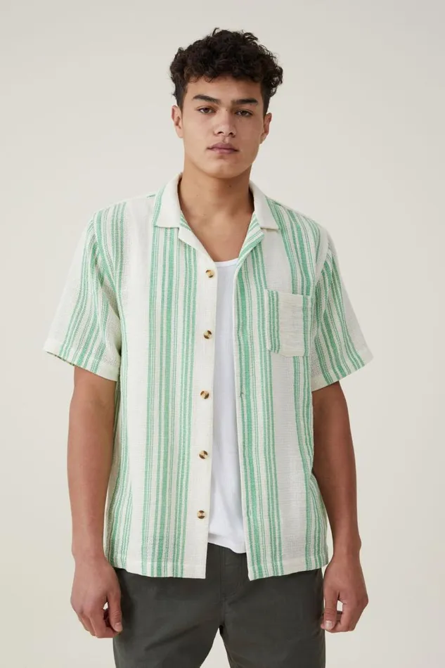 Cotton On Shirts and Polos Palma Short Sleeve Shirt Bright Green Stripe 8211 Men
