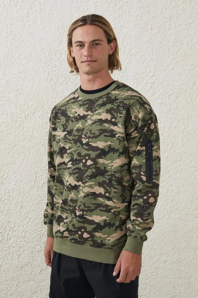 Cotton On Sweats and Hoodies Active Crew Fleece Green Camo 8211 Men