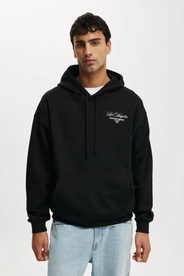 Cotton On Sweats and Hoodies Box Fit Graphic Hoodie Black Pavillion Resort 8211 Men