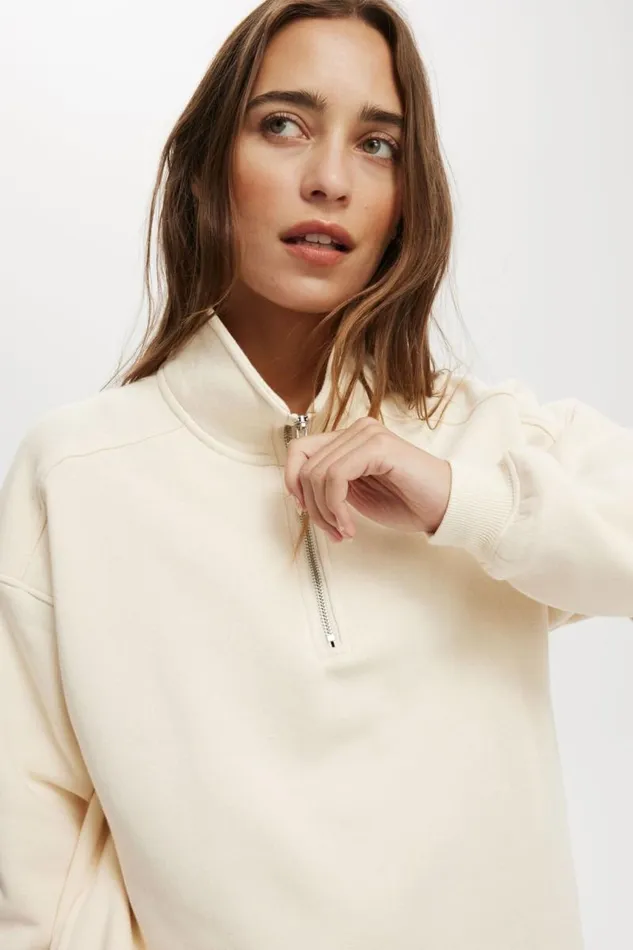 Cotton On SweatsandHoodies Classic Fleece Oversized Half Zip Sweatshirt Cream 8211 Women