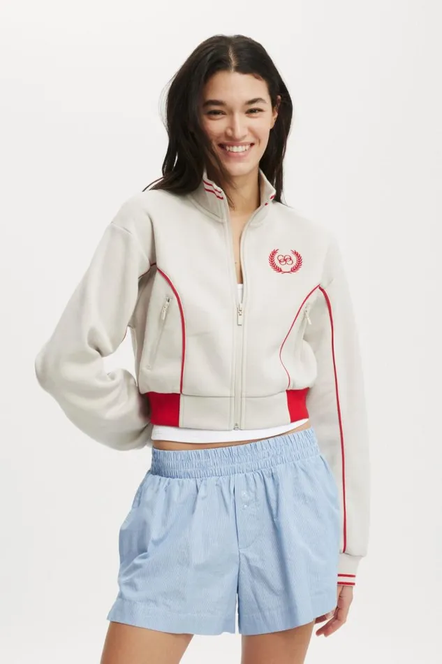Cotton On SweatsandHoodies Graphic Cropped Zip Through Co Crest Light Stone 8211 Women