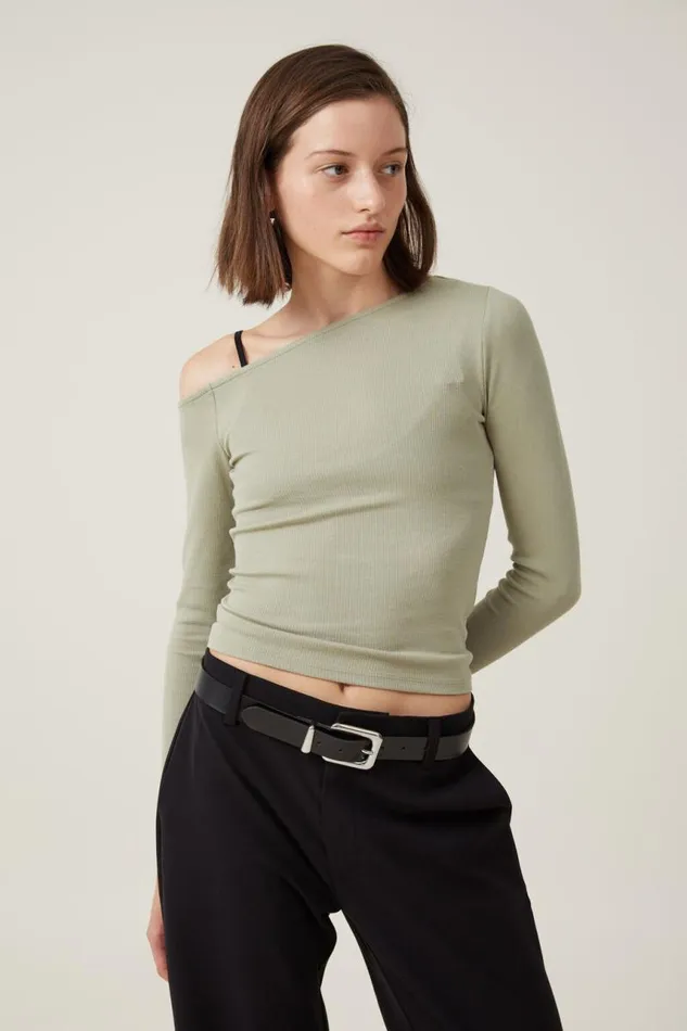 Cotton On Tops Essential Rib Asymmetric Long Sleeve Top Desert Sage 8211 Women