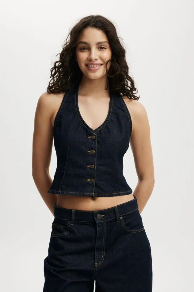 Cotton On Tops Harley Denim Halter Vest Indigo 8211 Women