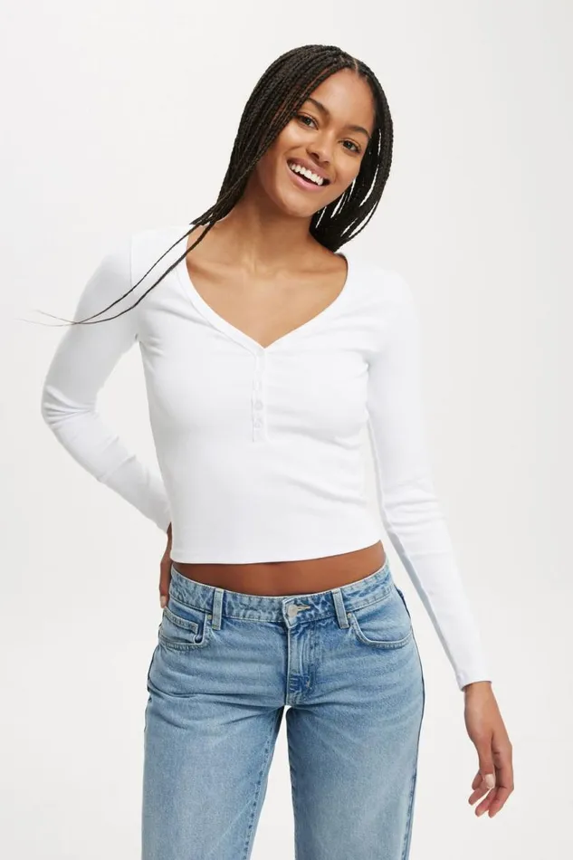 Cotton On Tops Kelsey V Front Henley Long Sleeve White 8211 Women