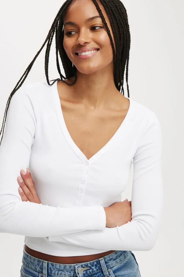 Cotton On Tops Kelsey V Front Henley Long Sleeve White 8211 Women