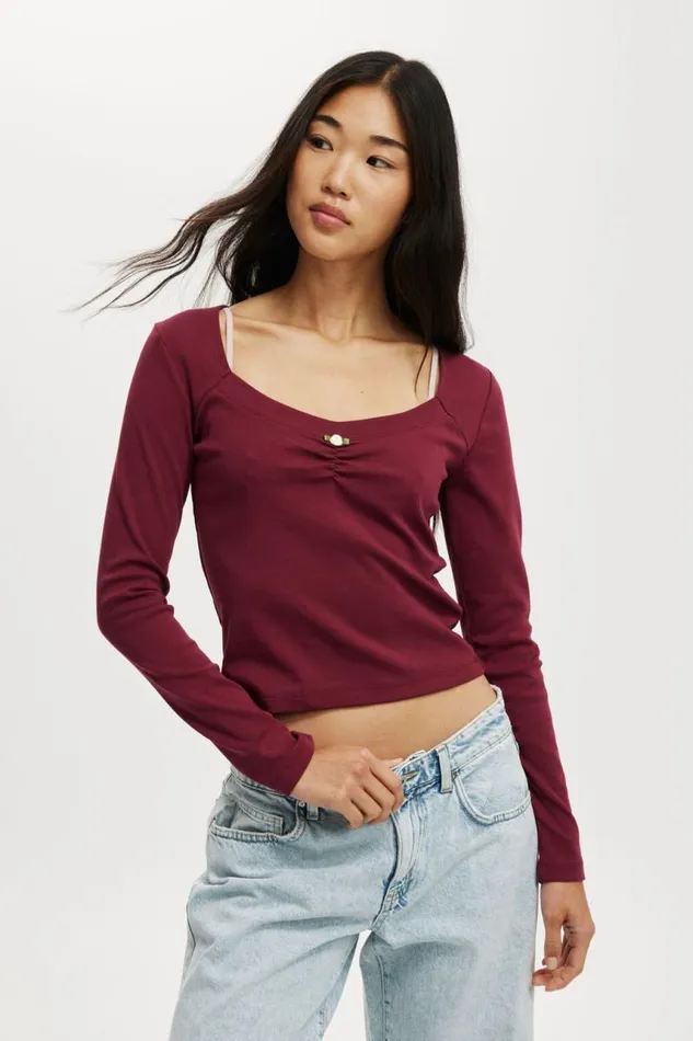Cotton On Tops Sarah Rosette Square Neck Long Sleeve Sangria 8211 Women