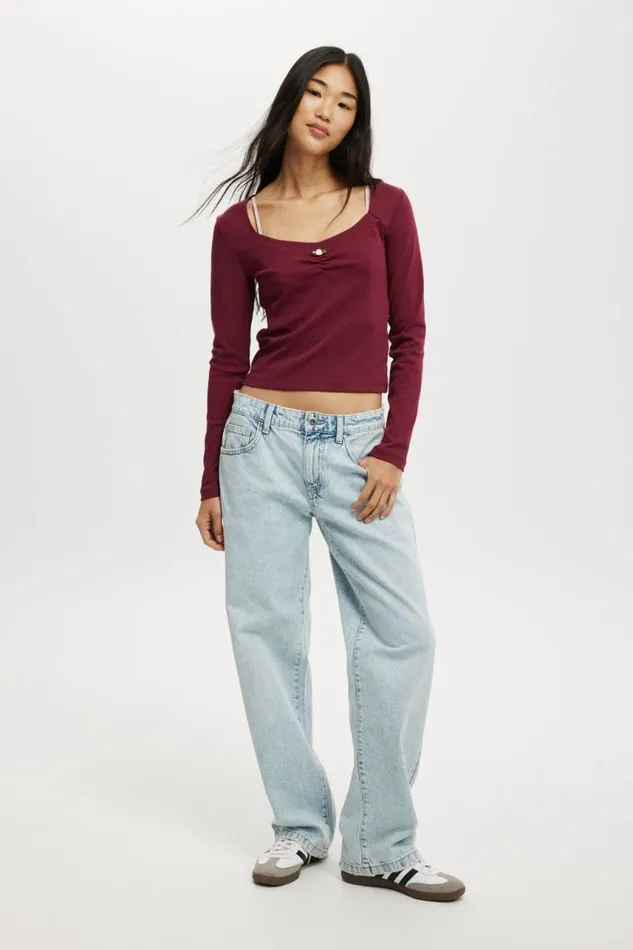 Cotton On Tops Sarah Rosette Square Neck Long Sleeve Sangria 8211 Women