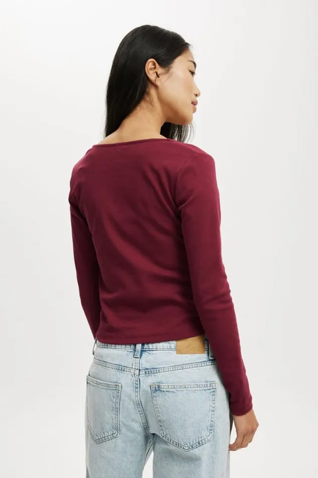 Cotton On Tops Sarah Rosette Square Neck Long Sleeve Sangria 8211 Women