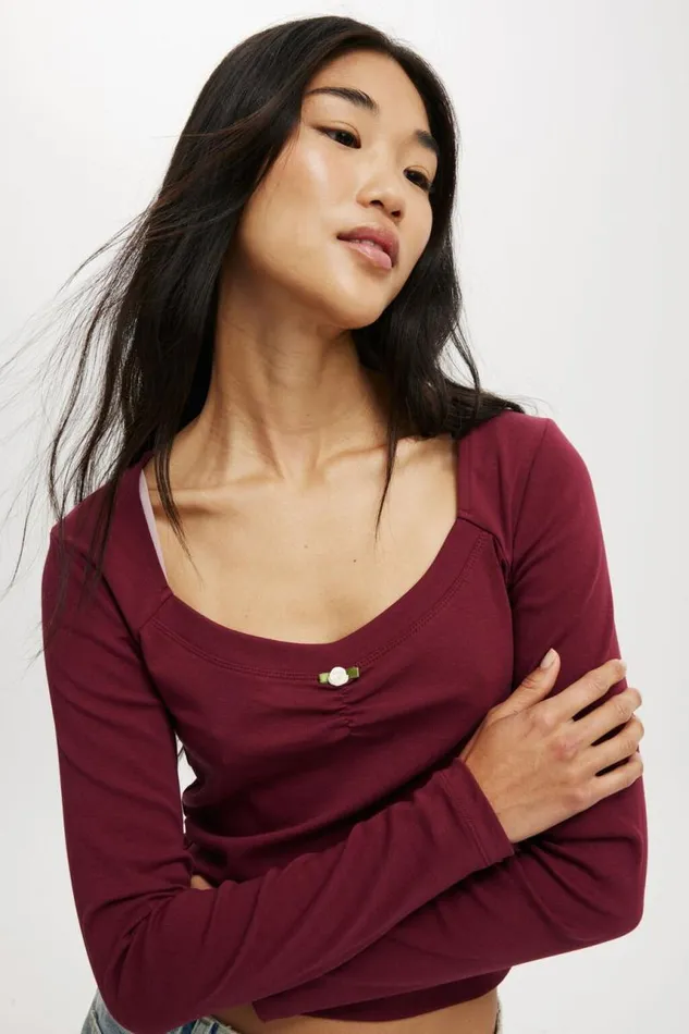 Cotton On Tops Sarah Rosette Square Neck Long Sleeve Sangria 8211 Women