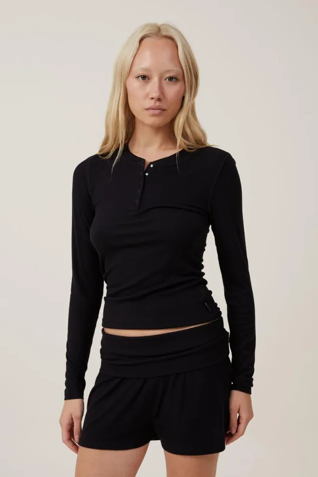 Cotton On Tops Sleep Recovery Henley Long Sleeve True Black 8211 Women