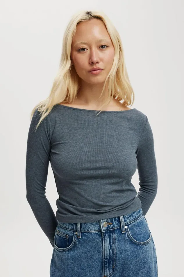 Cotton On Tops Staple Rib Boat Neck Long Sleeve Top Blue Slate Marle 8211 Women