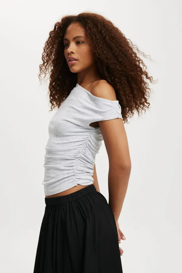Cotton On Tops Staple Rib Rouched Short Sleeve Top Grey Marle 8211 Women