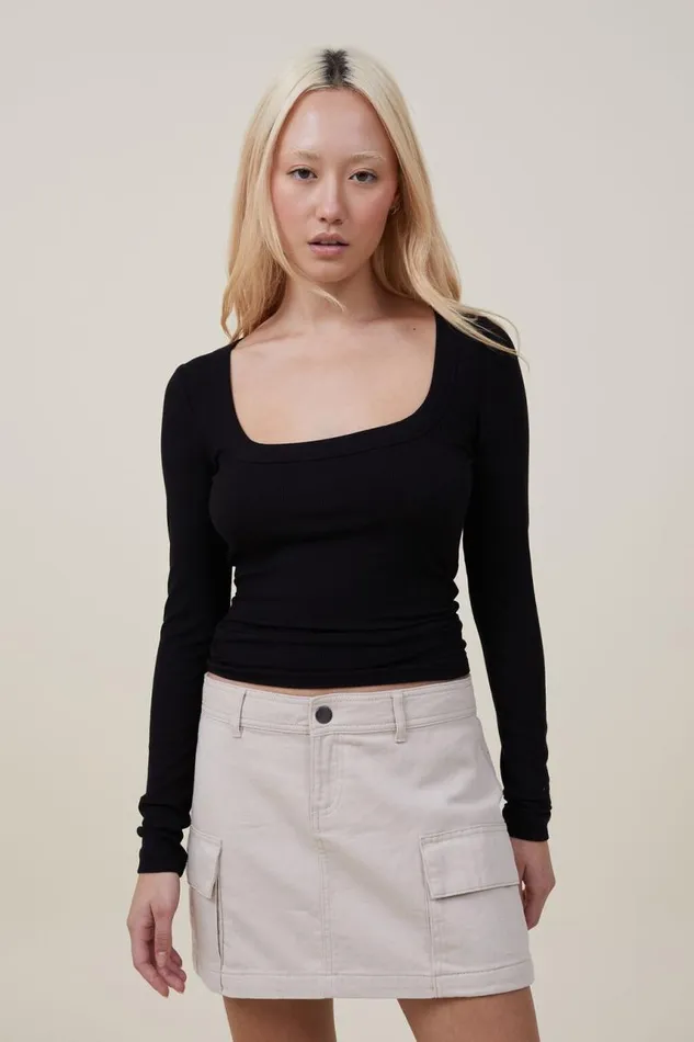 Cotton On Tops Staple Rib Scoop Neck Long Sleeve Top Black 8211 Women